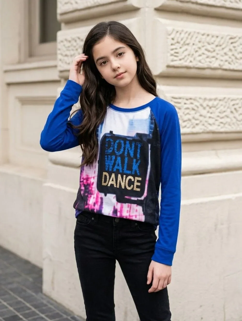 Justice Girls 12 Blue Glitter Dance Top Long Sleeve Knit Sweater Graphic Tee